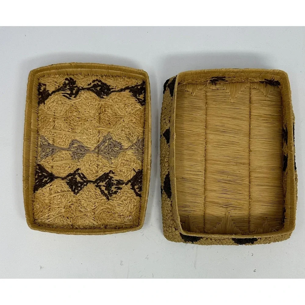 Vintage Hand Woven Raffia Straw Decorative Box Diamond Pattern Boho Decor‎ 6.5